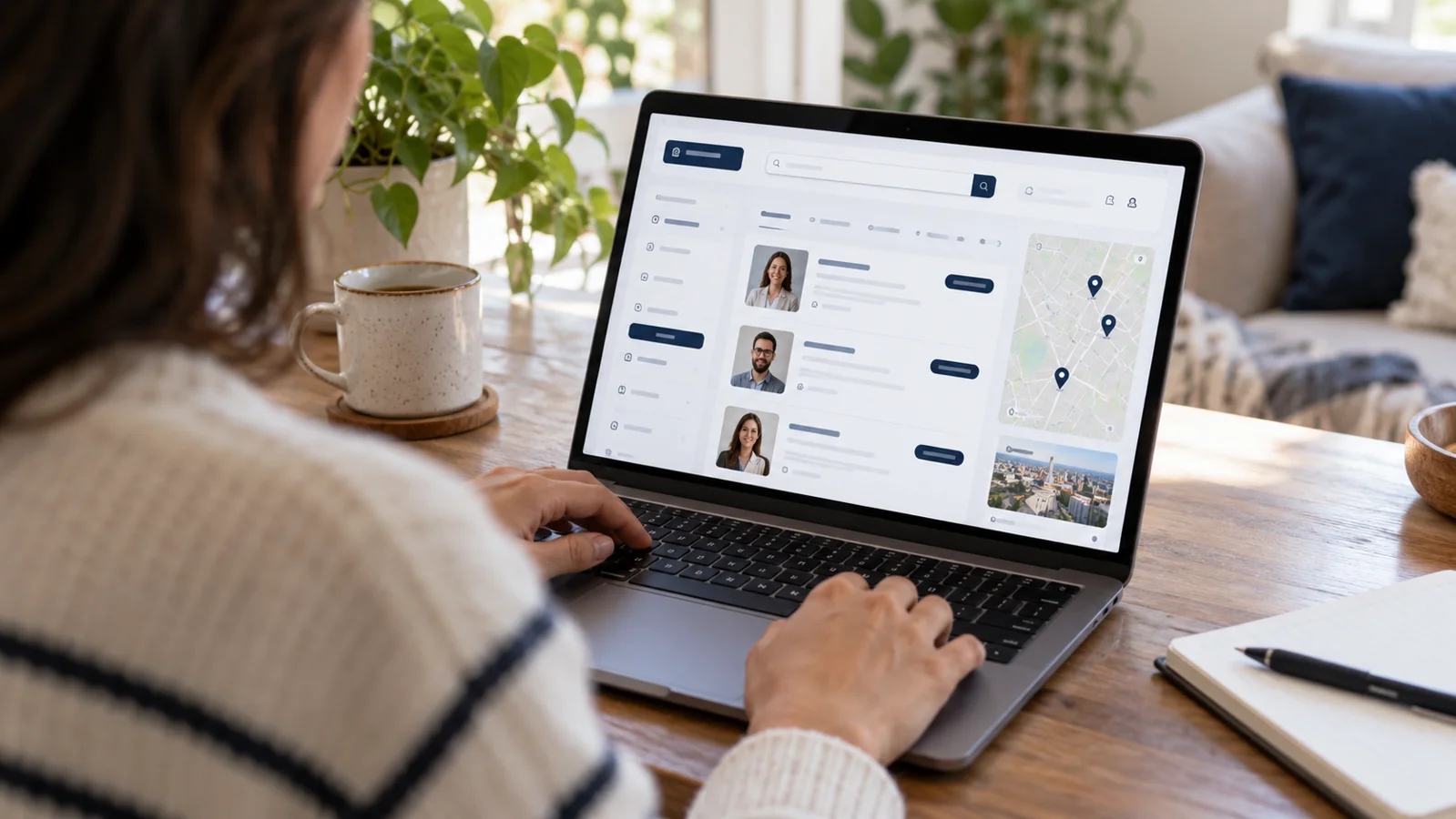 Persona buscando servicios en un portal de profesionales desde una computadora portátil.