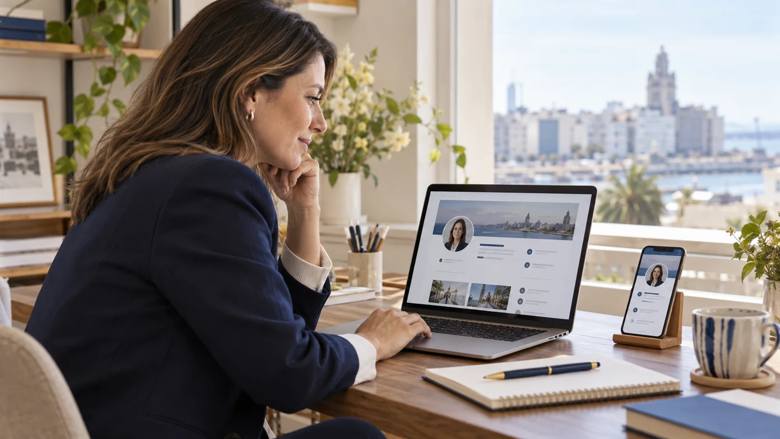 Profesional consultando su perfil online desde una computadora y un celular en su escritorio.